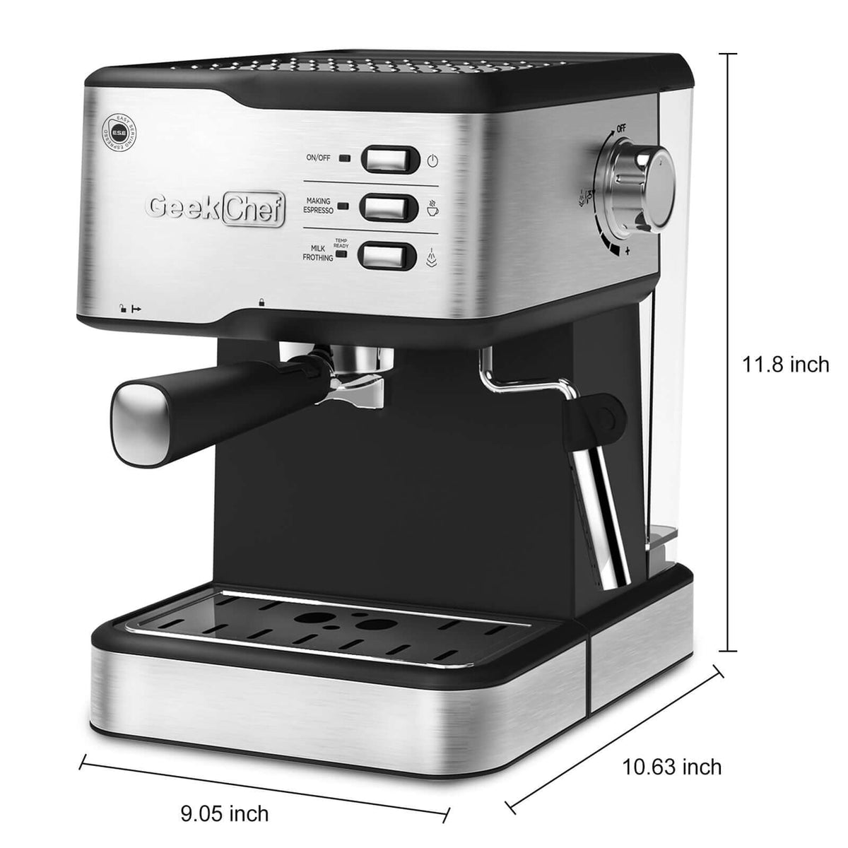 Geek Chef 20 Bar Espresso Machine with dimensions for brewing café-quality coffee at home