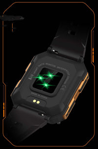 Heart rate monitor on the back of the Sport Smart Watch with waterproof design and Bluetooth calling functionality.