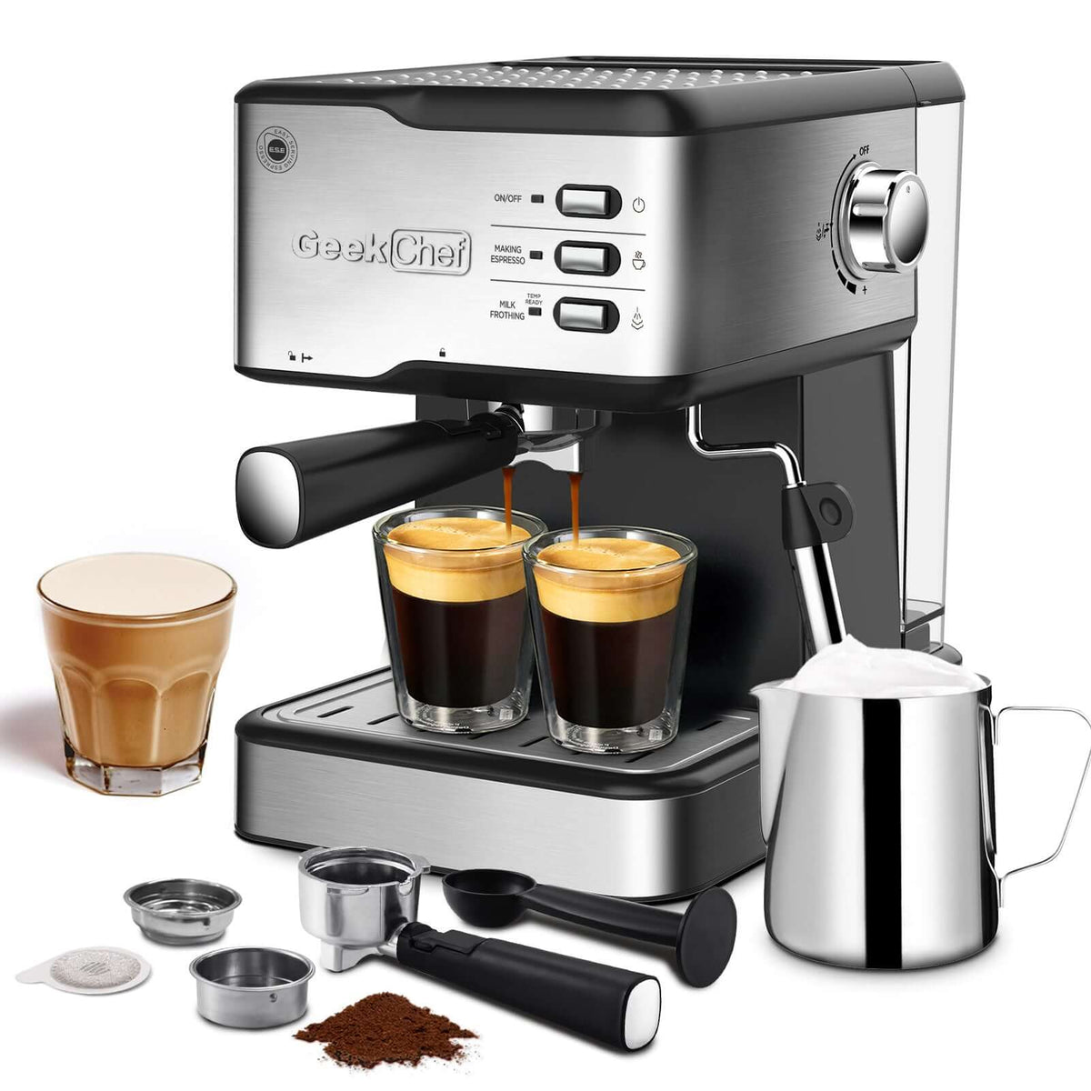 Geek Chef 20 Bar Espresso Machine with brewed coffee, milk frother, accessories, and a latte, ideal for café-quality coffee at home