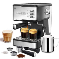 Geek Chef 20 Bar Espresso Machine with brewed coffee, milk frother, accessories, and a latte, ideal for café-quality coffee at home