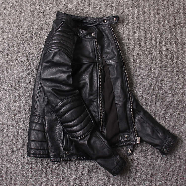 Black washed genuine leather jacket for men with short stand-up collar and slim fit. Suitable for spring and autumn.