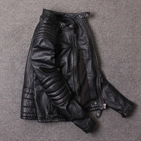 Black washed genuine leather jacket for men with short stand-up collar and slim fit. Suitable for spring and autumn.