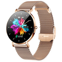 T8 Slim Smart Watch in rose gold with colorful display and mesh strap for women, offering up to 7 days battery life and health tracking features