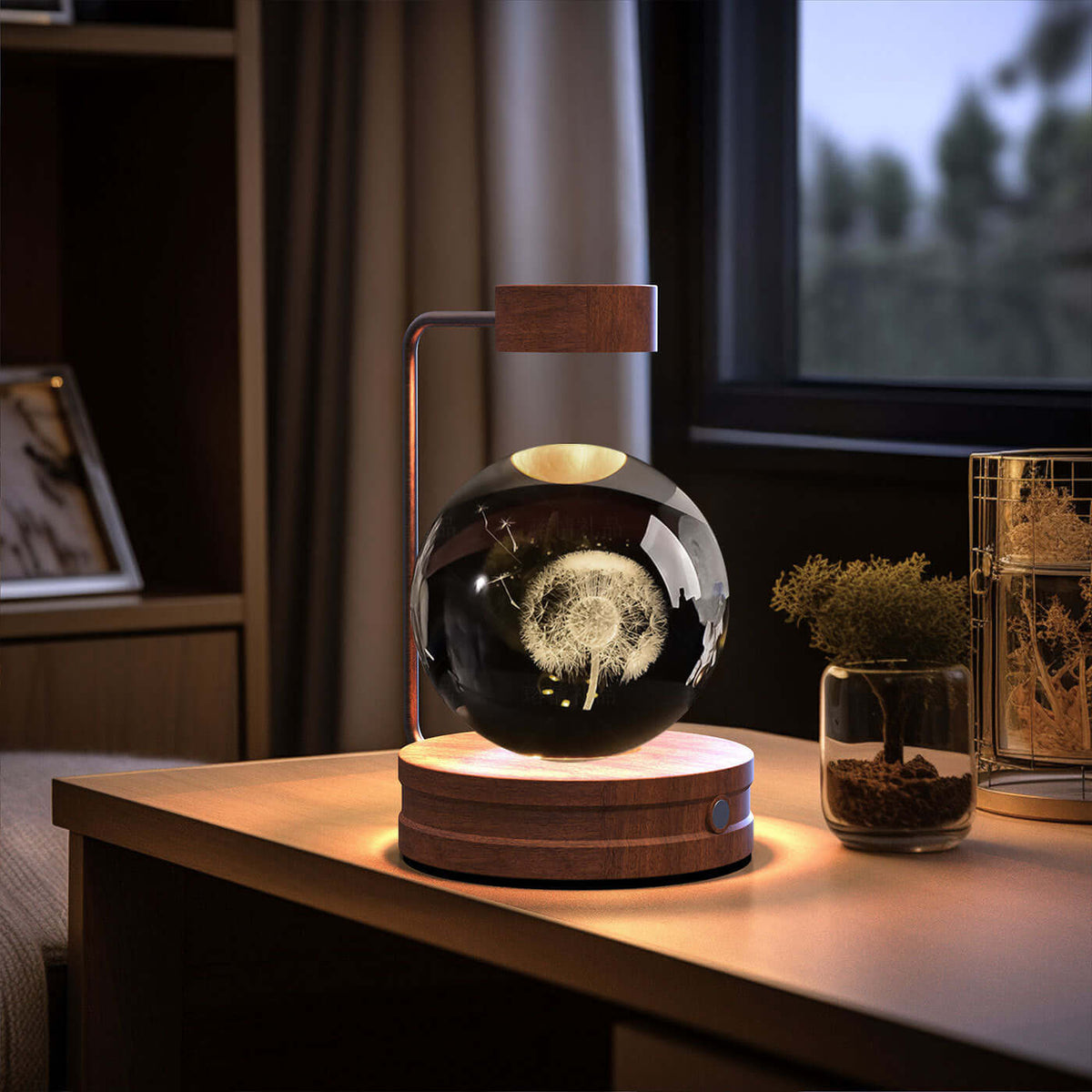 Crystal Ball Cosmic Dinosaur Indoor Night Light with USB Power on a bedside table, creating a warm, romantic atmosphere.