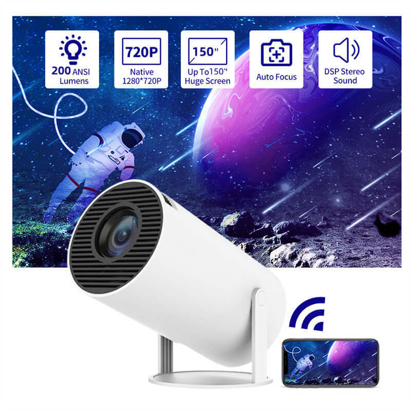 Magcubic HY300 Mini Projector displaying space scene with astronaut, features include 200 ANSI lumens, 720P resolution, 150-inch screen, and auto-focus.