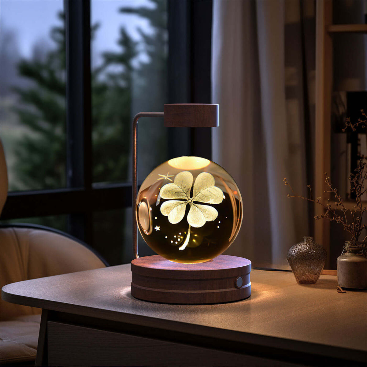 Crystal Ball Cosmic Dinosaur Indoor Night Light with USB Power on bedside table, illuminating room with warm light, perfect for a birthday gift.