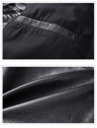 Close-up of black leather fabric and intricate stitching on a men's stand collar motorcycle jacket coat.