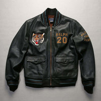 Men's black sheepskin casual standing collar leather baseball jacket with embroidery tiger patch and "Ralph 20" text.