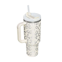 40 Oz Insulated Tumbler With Handle and Straw in Leopard Print Design