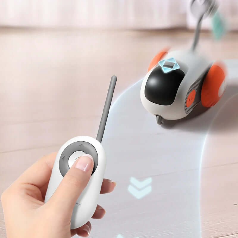 Remote control interacts with Crazy-Joy Car, an automatic self-moving cat toy with USB charging, perfect for promoting feline play and exercise.