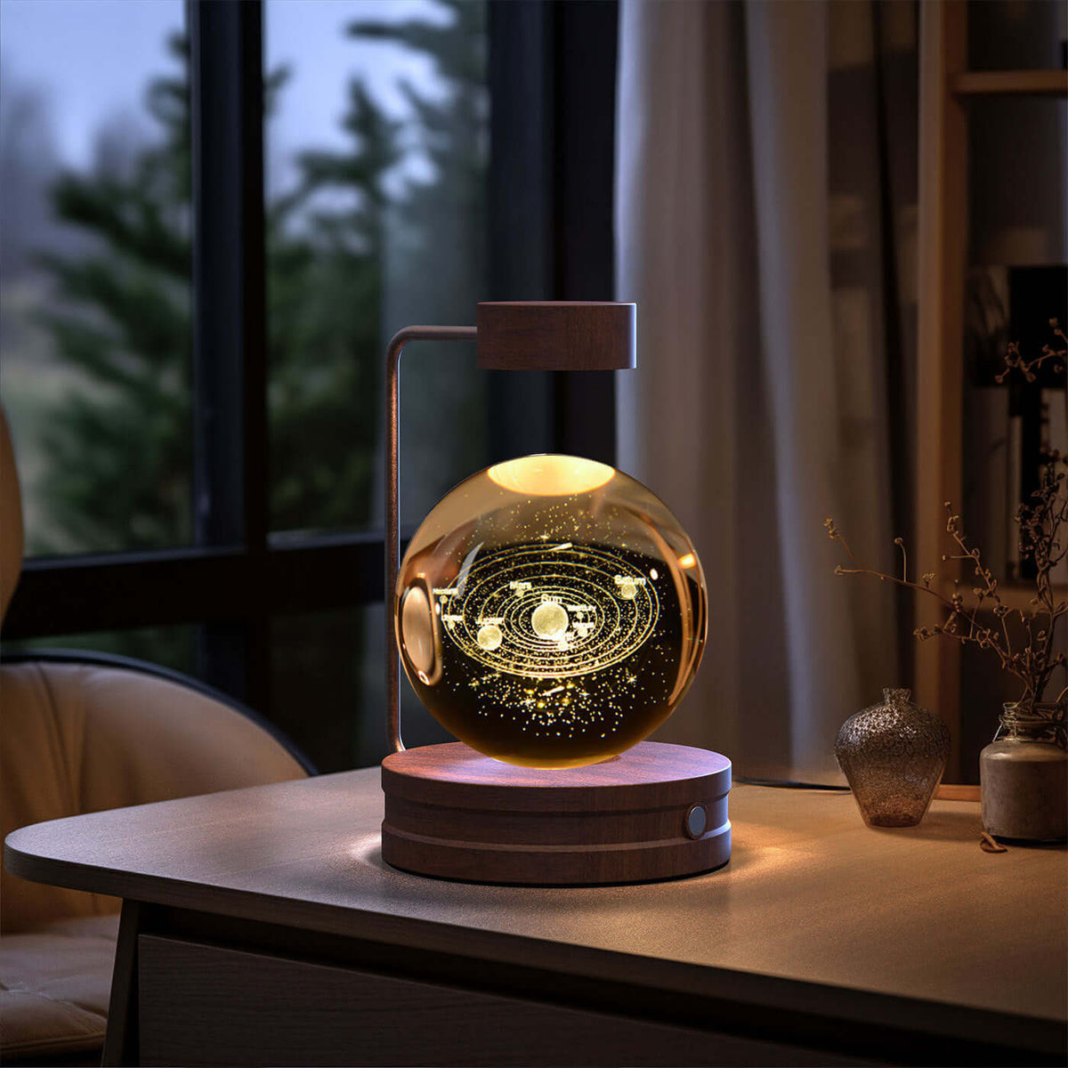 Crystal Ball Cosmic Dinosaur Indoor Night Light USB Power Warm Bedside Light on a desk near a window, creating a magical atmosphere