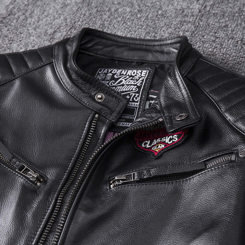 Men's black genuine leather stand collar motorcycle jacket with skull pattern and European American style. Available in sizes S to 4XL.