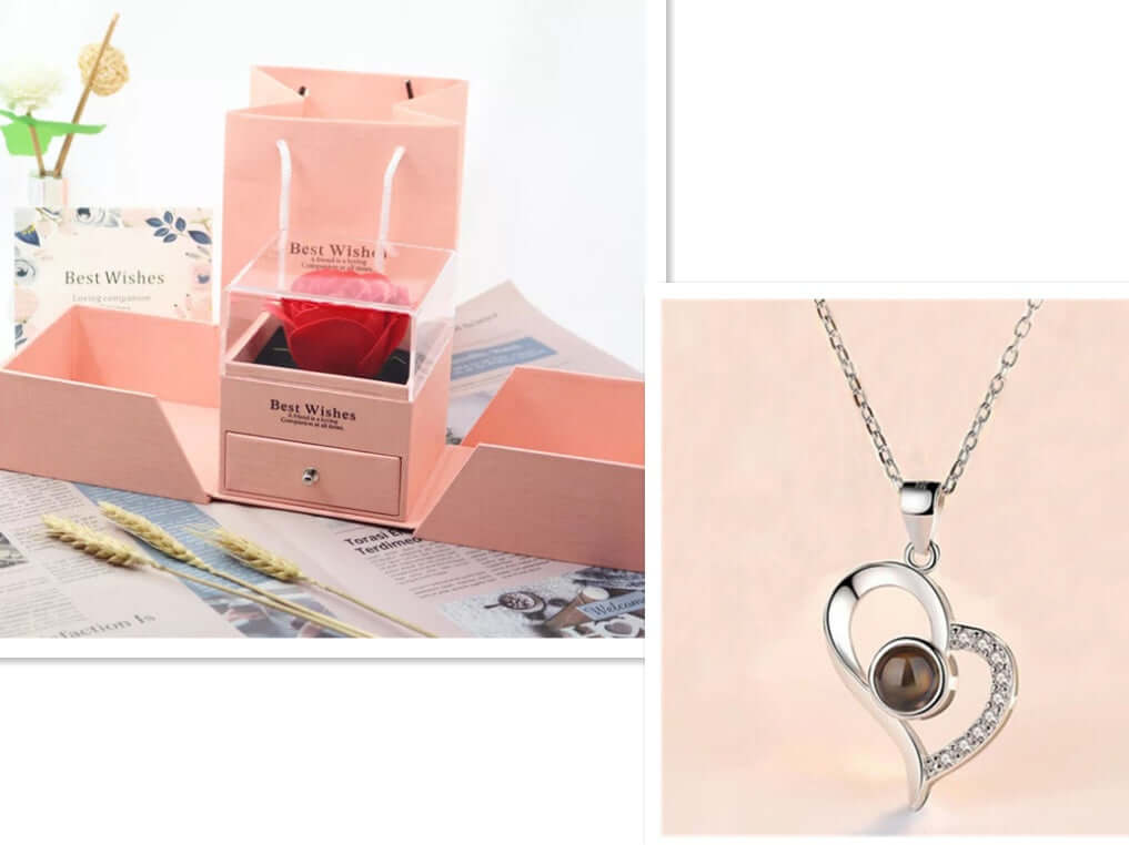 Heiße Valentinstag Geschenke Metall Rose Schmuck Geschenk-Box Halskette für Hochzeit Freundin Halskette Geschenke