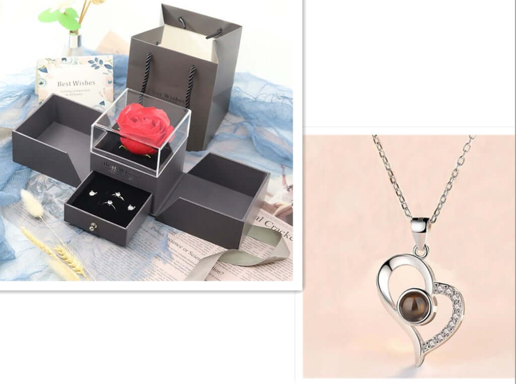 Heiße Valentinstag Geschenke Metall Rose Schmuck Geschenk-Box Halskette für Hochzeit Freundin Halskette Geschenke