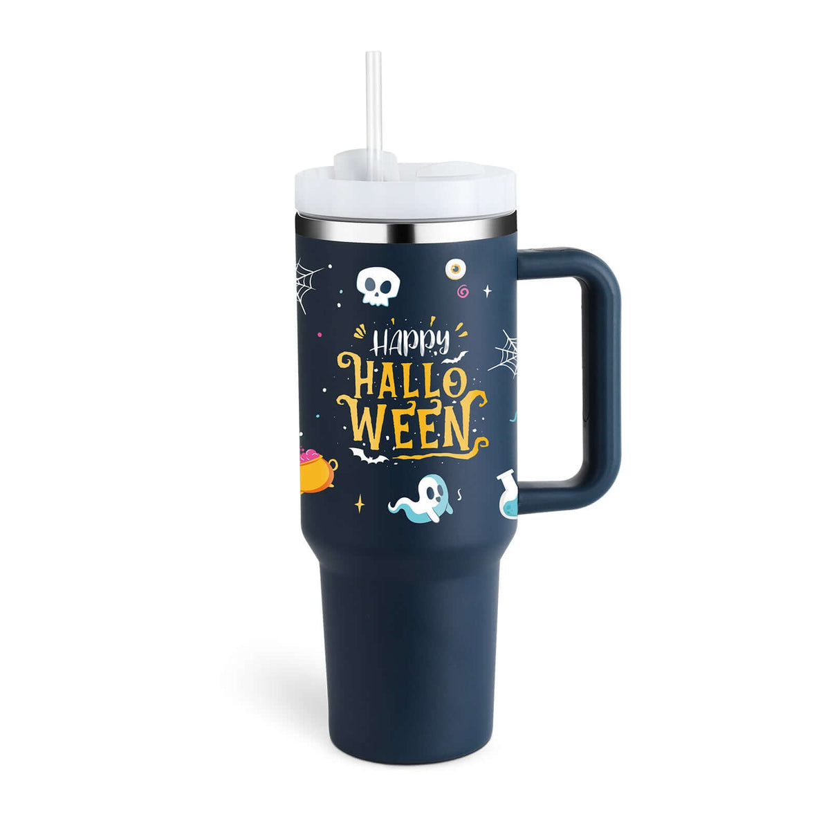 40oz insulated tumbler with handle and straw, Halloween-themed design, high-quality stainless steel construction, perfect for hot or cold beverages