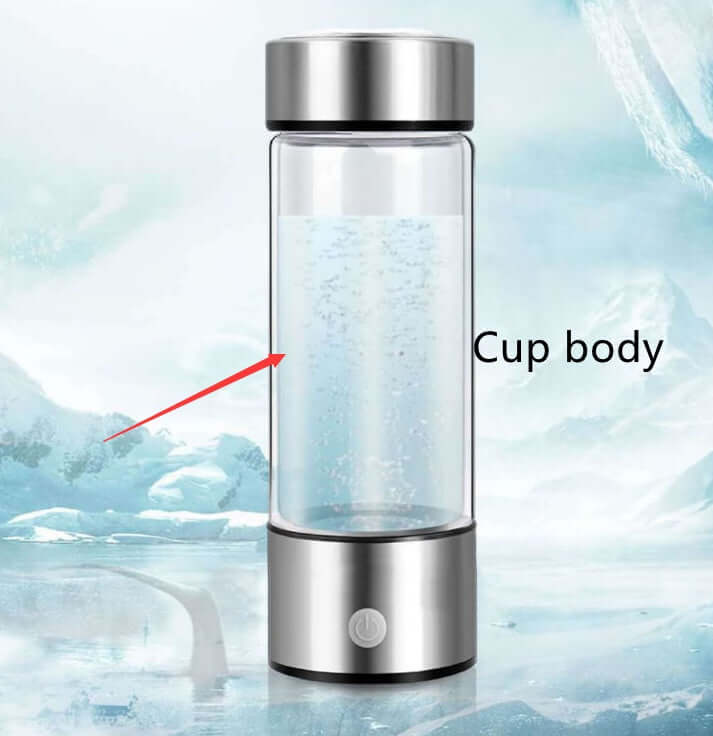 Upgraded Health Smart Hydrogen Water Cup with visible hydrogen bubbles, PC material body, and stainless steel base.