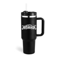 Black 40 Oz Insulated Tumbler With Handle and Straw featuring a "Happy Halloween" design. Perfect for hot and cold beverages.