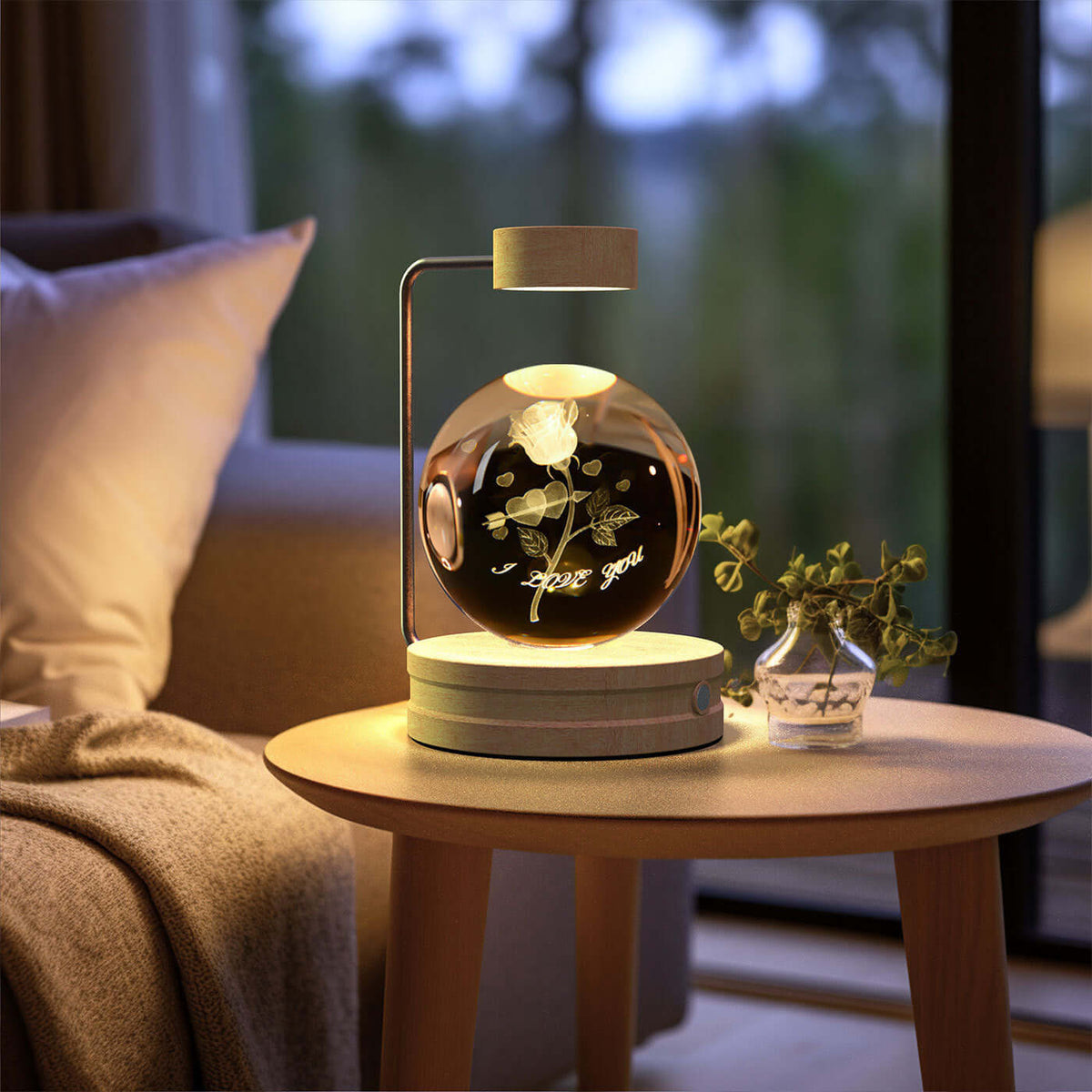 Crystal Ball Cosmic Dinosaur Indoor Night Light USB Power Warm Bedside Light Birthday Gift Night Lamp on a bedside table.