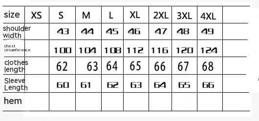 Leather jacket size chart for men showing shoulder width, chest circumference, clothes length, and sleeve length for sizes XS to 4XL