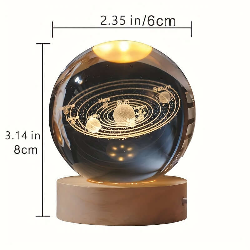 3D Solar System Crystal Ball Night Light on Wooden Base with Laser-Etched Planets and Dimensions Shown