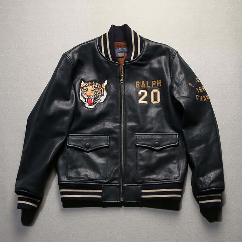 Men's Casual Black Standing Collar Leather Baseball Jacket with Embroidery, Sheepskin Material, Available in Sizes L to 4XL