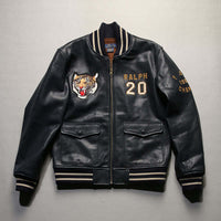 Men's Casual Black Standing Collar Leather Baseball Jacket with Embroidery, Sheepskin Material, Available in Sizes L to 4XL