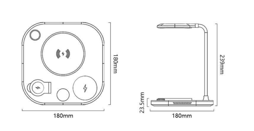 Dimensions and design of the New Three-in-one Wireless Magnetic Charger 15W Fast Charging Desk Lamp with 180mm base and 239mm height.