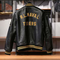 Men's Casual Standing Collar Leather Baseball Jacket - Embroidered Black Sheepskin Fashion Jacket with R.L.Naval Tigers Design