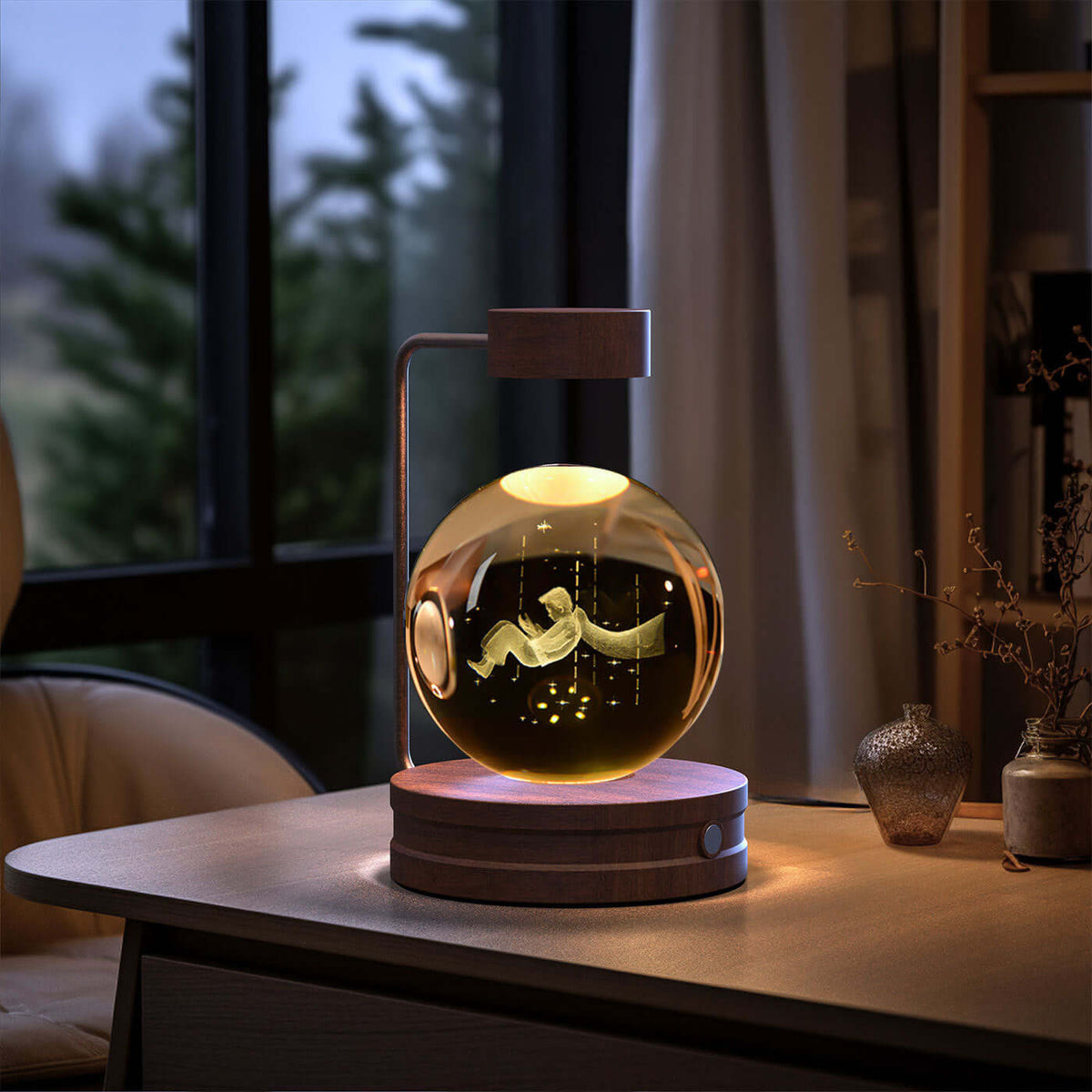 Crystal Ball Cosmic Dinosaur Indoor Night Light on a wooden bedside table, glowing warmly, creating a cozy and enchanted atmosphere.