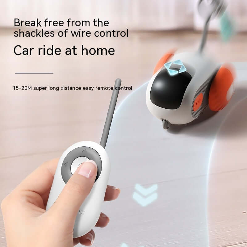 Remote control cat toy car with USB charging, showcasing long-distance remote control feature for interactive feline play.