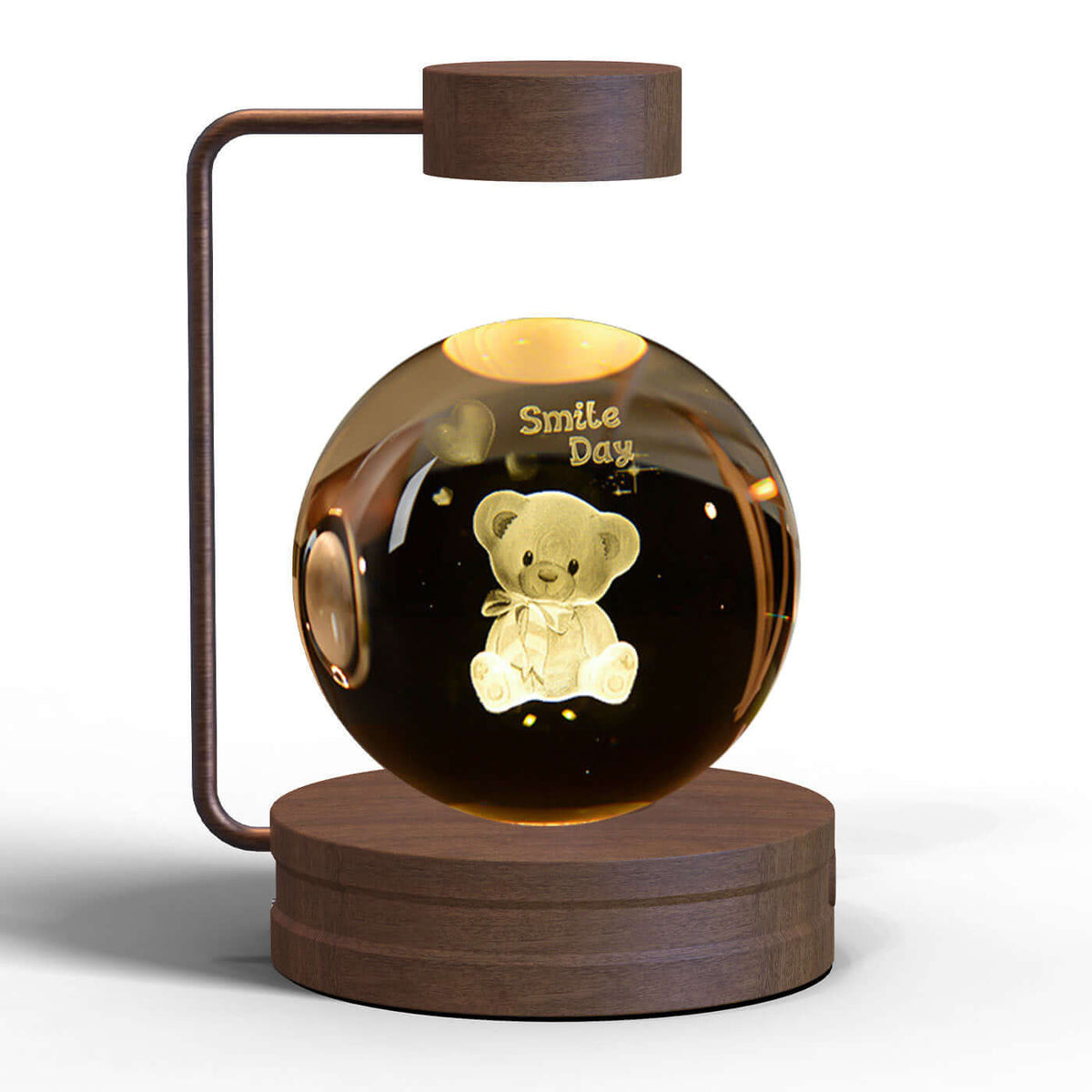 Crystal ball night light with a 3D bear design and "Smile Day" text, featuring a wooden base and warm yellow glow, perfect for a bedside lamp