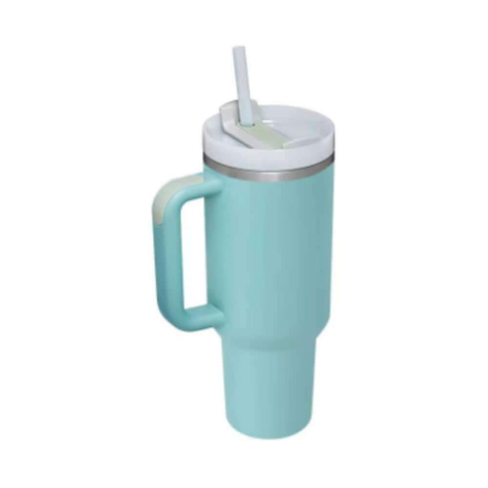 40 oz insulated tumbler with handle and straw, light blue premium quality stainless steel tumbler for hot and cold beverages.