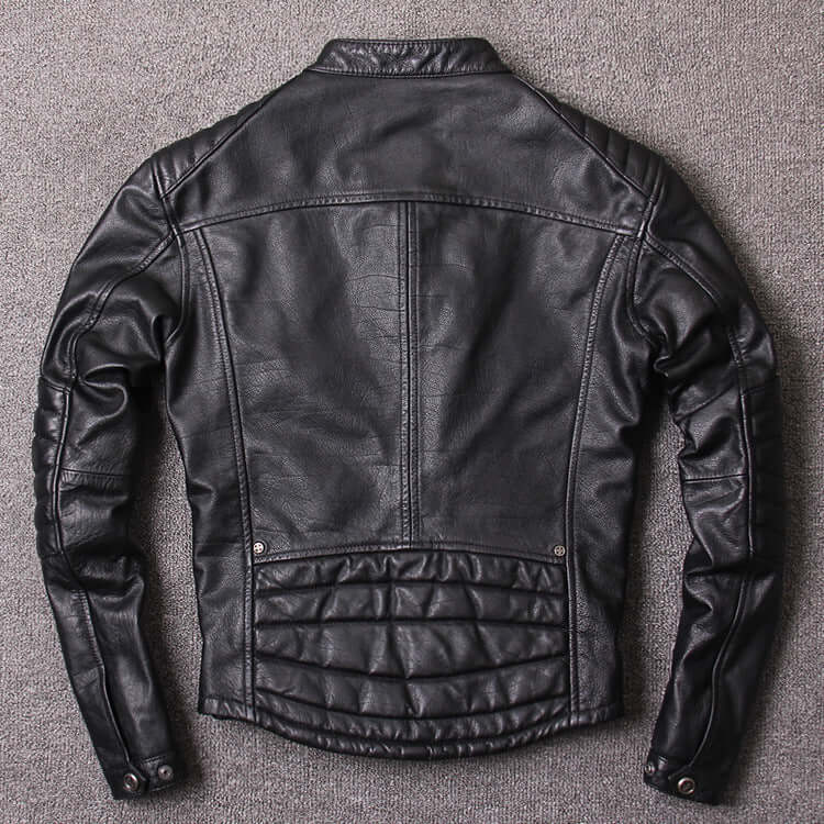 Black washed genuine leather jacket with stand-up collar shown from the back, ideal for men, suitable for spring and autumn seasons, sizes S to XXXXL.