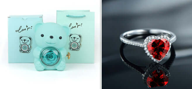 Everlasting Love: Eternal Rose Bear with Rotating Jewelry Box