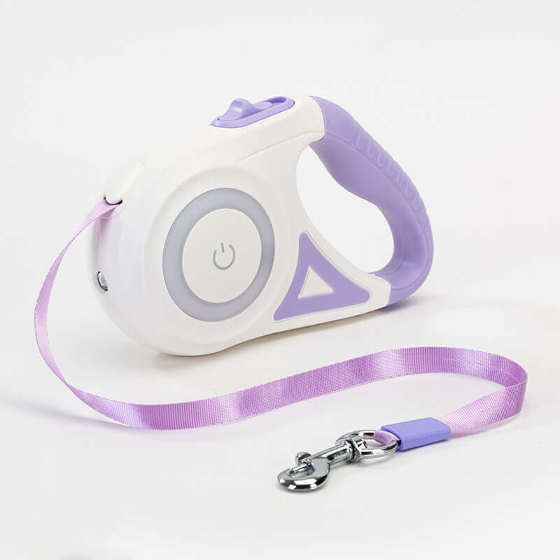 Retractable dog leash with purple handle and matching collar for small to medium pets, auto-lock and telescopic design for easy control