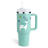 40 oz insulated tumbler with handle and straw featuring a festive reindeer design on a mint green background.