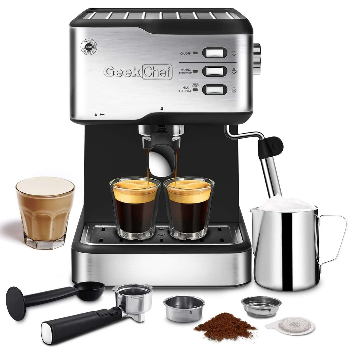 Geek Chef 20 Bar Espresso Machine brewing espresso with accessories for lattes and cappuccinos, delivering café-quality coffee at home