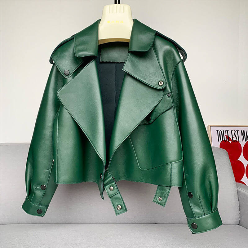 Stylish green sheepskin loose biker jacket for women, perfect for OL commuter style, made from high-quality leather. Available in various sizes.