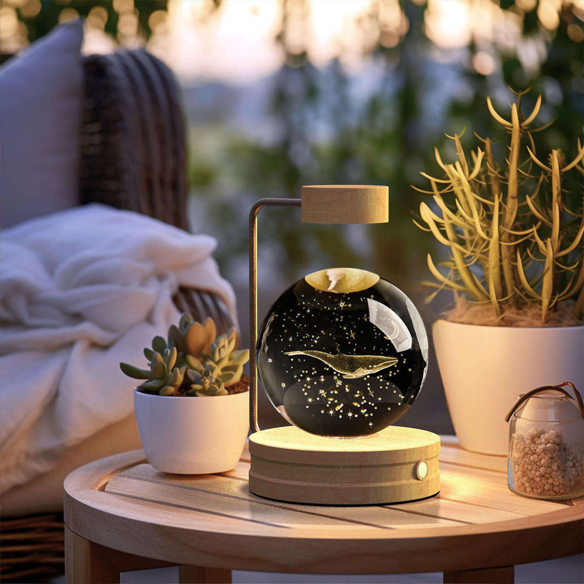 Crystal Ball Cosmic Dinosaur Indoor Night Light on a wooden table, creating a warm ambiance, ideal for cozy evenings and special occasions