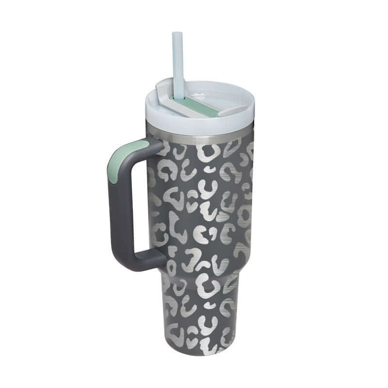 40 Oz Insulated Tumbler With Handle Straw in Grey Leopard Print Design