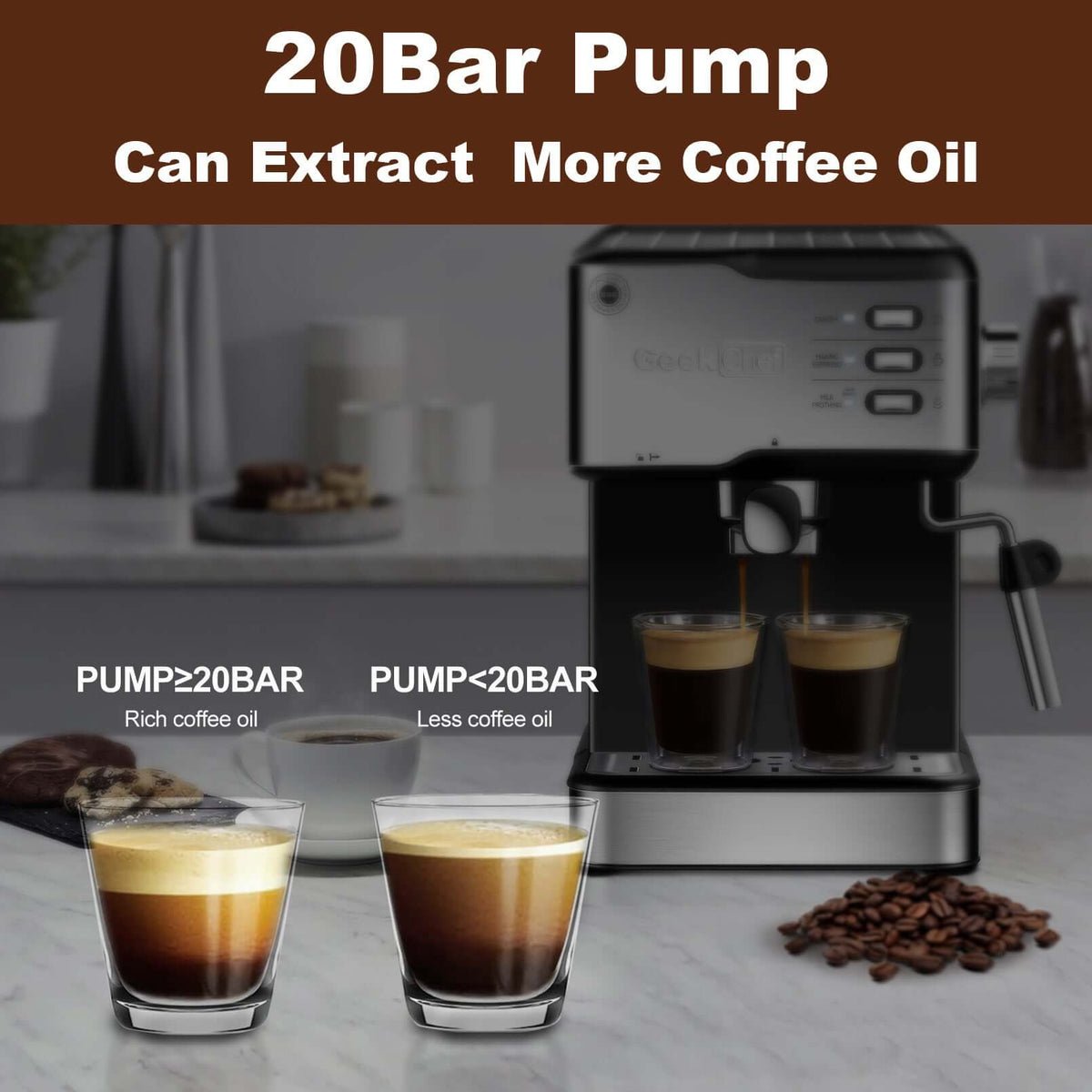 Geek Chef 20 Bar Espresso Machine producing rich coffee with more coffee oil due to high-pressure pump.