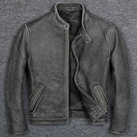 Black real cow leather jacket with stand-up collar and zipper, showcasing luxurious and stylish craftsmanship.