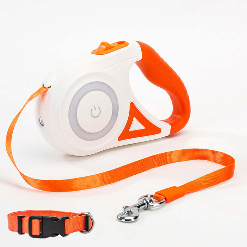 Retractable orange and white dog leash with locking system, traction rope, and matching dog collar for small to medium pets.