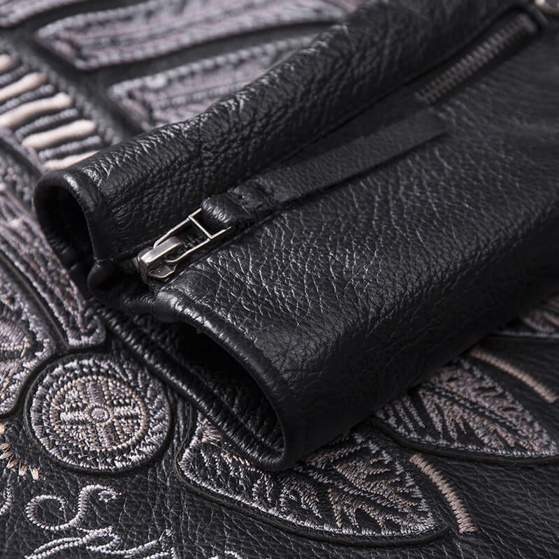 Close-up of genuine leather men's stand collar motorcycle jacket coat with skull pattern in black color