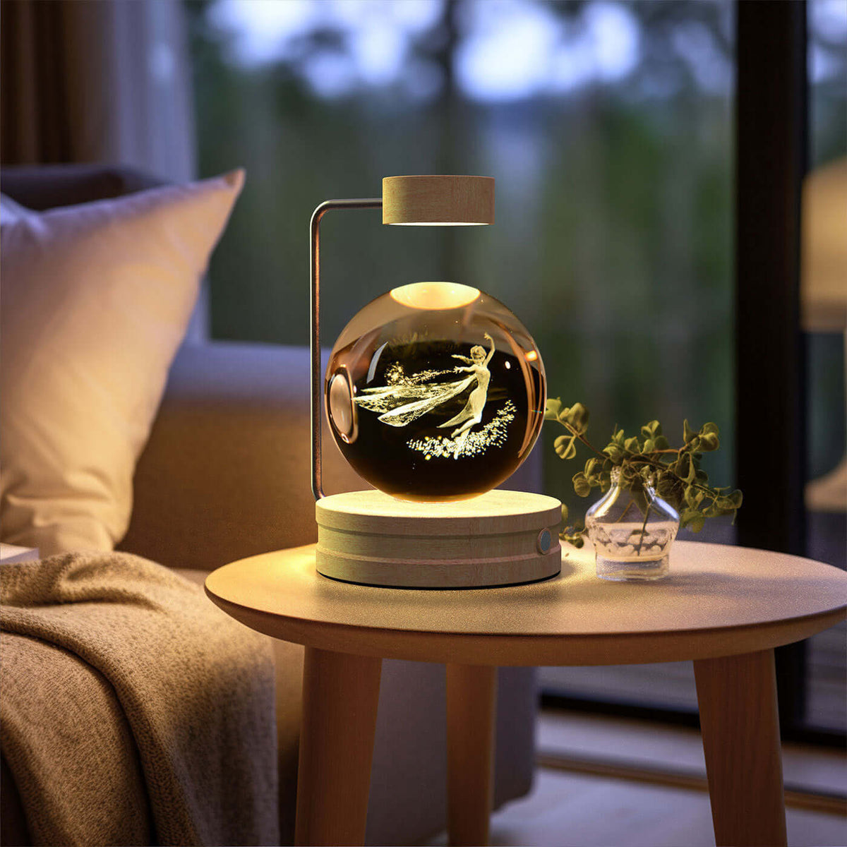 Crystal Ball Cosmic Dinosaur Indoor Night Light USB Power Warm Bedside Light Birthday Gift Night Lamp on a wooden table