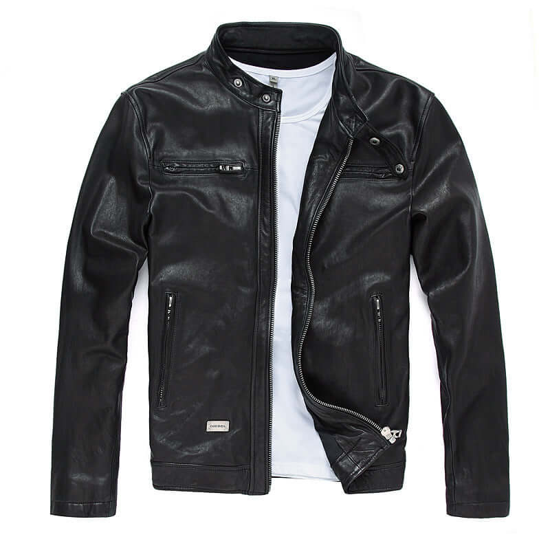 Men's slim-fit black motorcycle goatskin leather jacket with zipper decoration