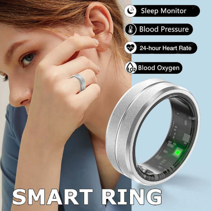 Woman wearing 2024 Smart Ring for health tracking; monitors heart rate, blood oxygen, sleep, and is IP68 waterproof.