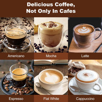 "Variety of delicious coffee drinks including Americano, Mocha, Latte, Espresso, Flat White, and Cappuccino, enjoy café-quality beverages at home."