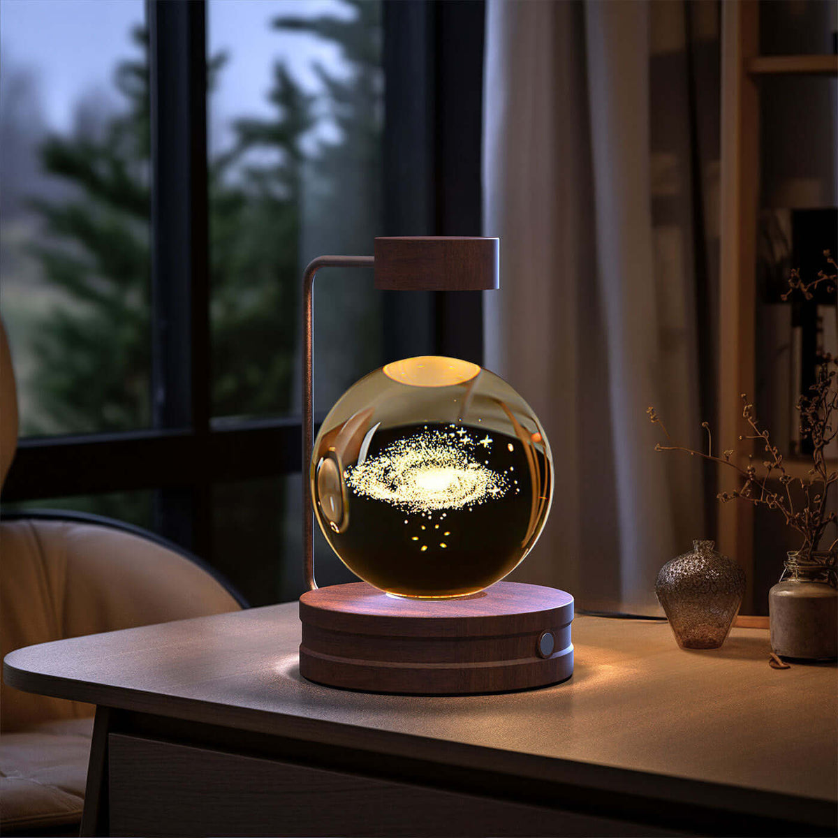 Crystal Ball Cosmic Dinosaur Indoor Night Light USB Power Warm Bedside Light on a wooden table near a window.